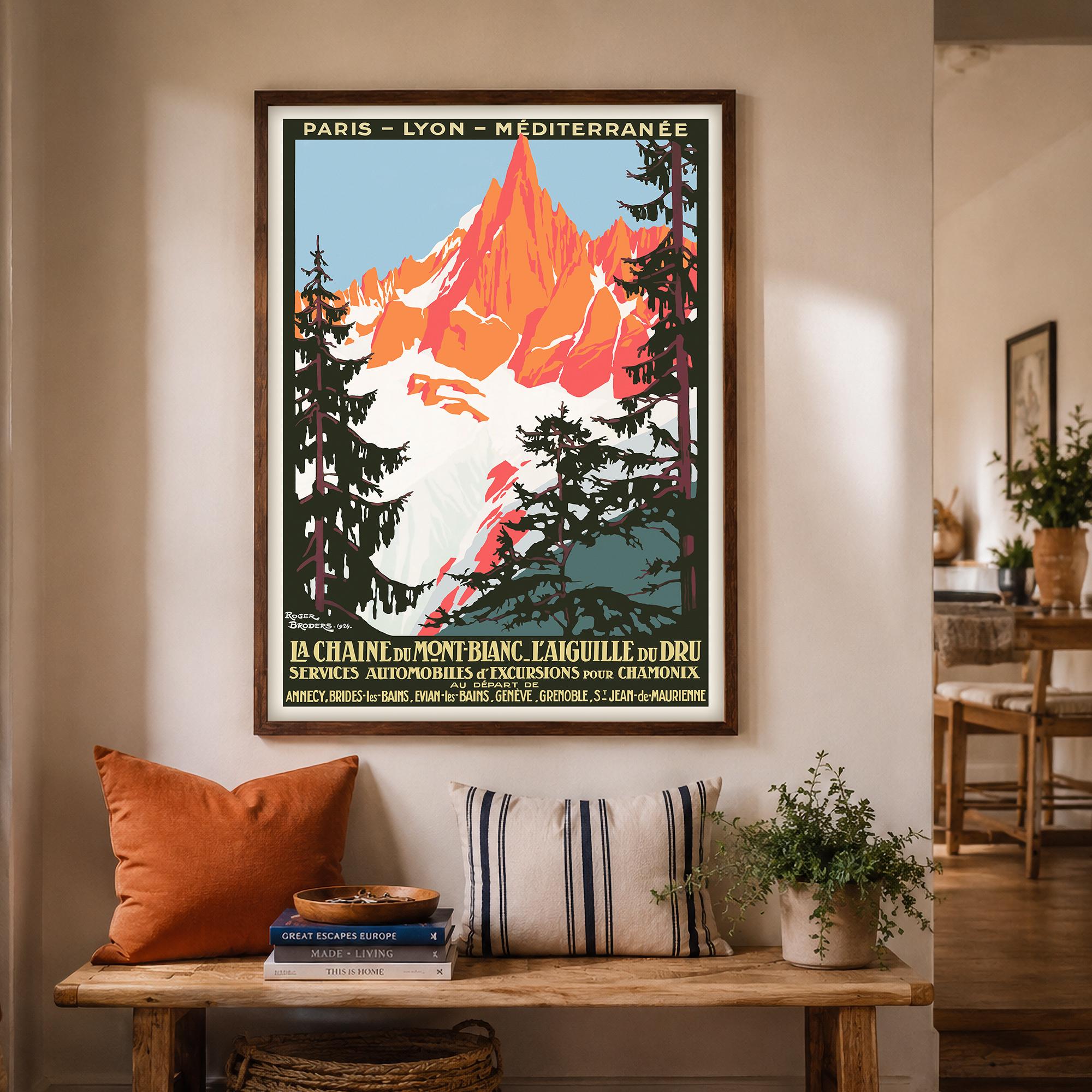 額装品/Du Vin Blanc（フォーニー）/アート/ポスター/インテリア Vintage Mont Blanc Travel Poster Print Chamonix La Chaine Mountain