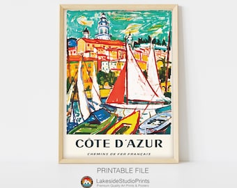 Póster de viaje vintage de la Costa Azul (descarga instantánea, archivo JPG) / Arte digital imprimible