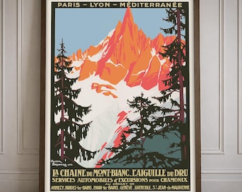 Vintage Mont Blanc Travel Poster Print Chamonix La Chaine Mountain Landscape Wall Art Decor