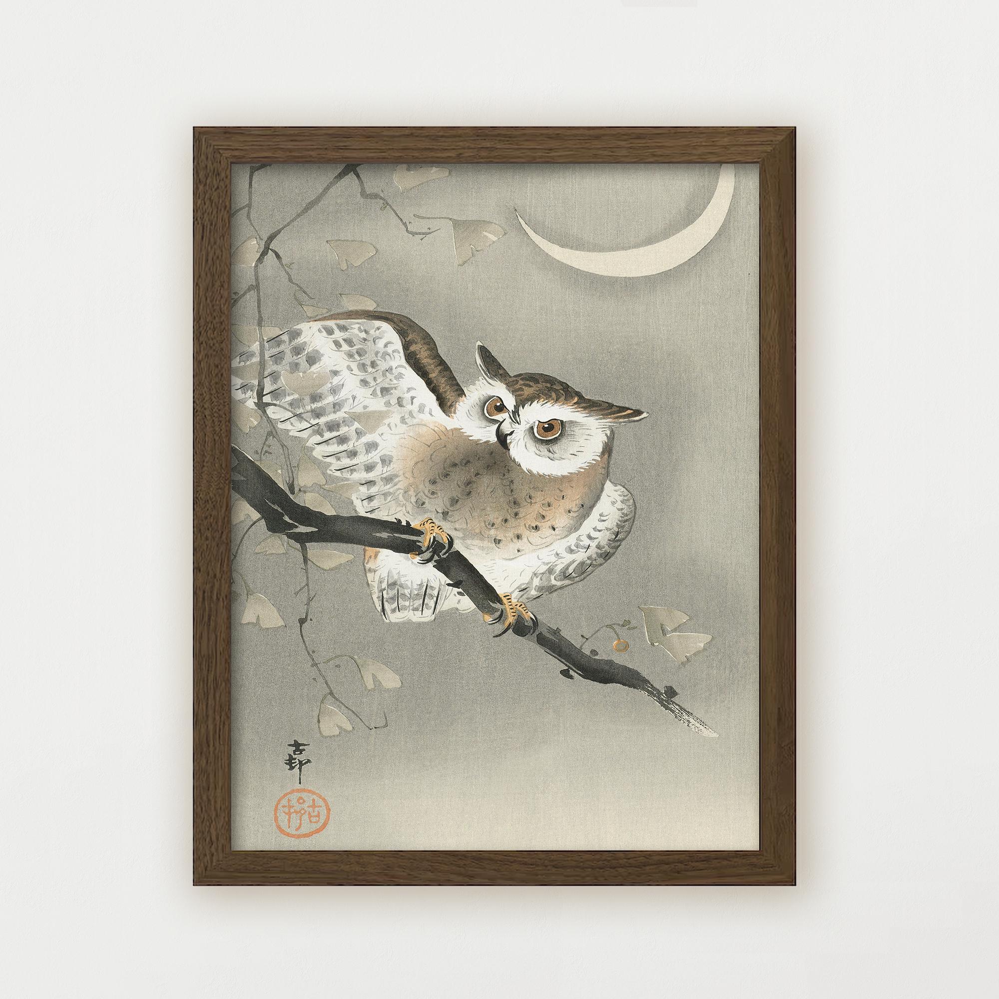 日本のフクロウのウォールアートプリント｜ヴィンテージの禅風鳥の