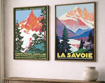 Conjunto de pósteres de viaje de los Alpes franceses: Mont Blanc y La Savoie. Arte mural alpino vintage.