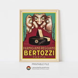 Póster de viaje vintage del queso parmesano Bertozzi (archivo JPG de descarga instantánea) / Arte digital imprimible