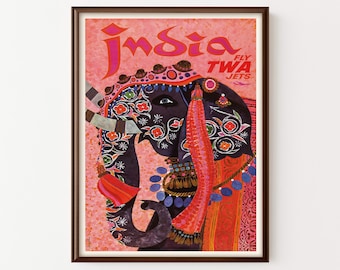 Póster de viaje vintage rosa con elefante de la India, descarga digital.