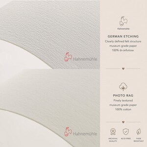 May include: A close-up of two textured white paper samples with the Hahnem&uuml;hle logo. The text reads "GERMAN ETCHING" and "PHOTO RAG", describing the paper's structure and material. Additional text highlights archival quality, acid-free, and fade-resistant properties.