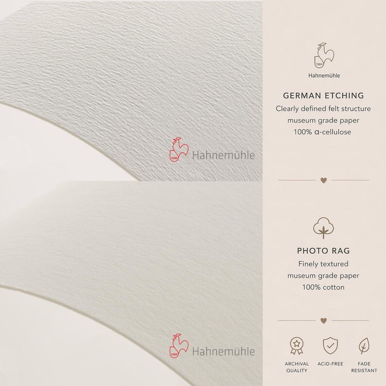 May include: A close-up of two textured white paper samples with the Hahnem&uuml;hle logo. The text reads "GERMAN ETCHING" and "PHOTO RAG", describing the paper's structure and material. Additional text highlights archival quality, acid-free, and fade-resistant properties.