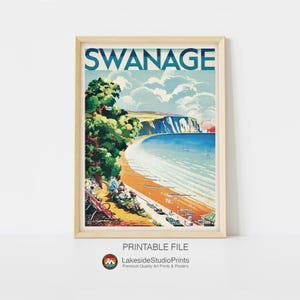 Póster de viaje vintage de Swanage, Gran Bretaña. Descarga instantánea en formato JPG. Arte digital imprimible.