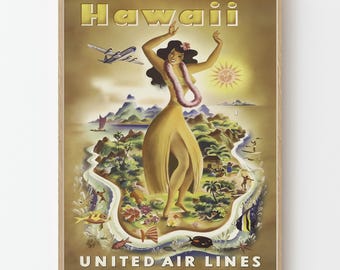 Hawaii TWA Vintage Travel Poster, Retro Hawaiian Wall Art