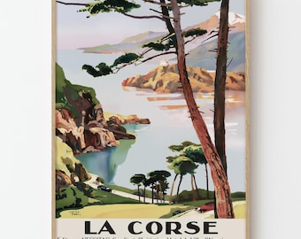 Vintage La Corse Travel Poster Print, Corsica Coastal Landscape French Island Wall Art Decor