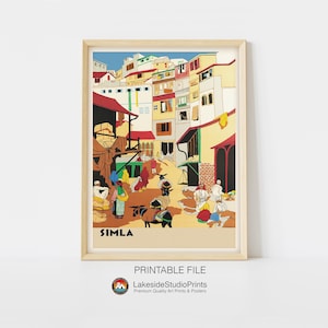 Puede incluir: Un cartel de viaje vintage con una ilustración colorida de una escena de calle bulliciosa en Simla, India. El cartel presenta una ciudad vibrante con edificios en tonos amarillos, naranjas y rojos, y personas caminando por las calles. El texto "SIMLA" se muestra de forma prominente en la parte inferior del cartel.