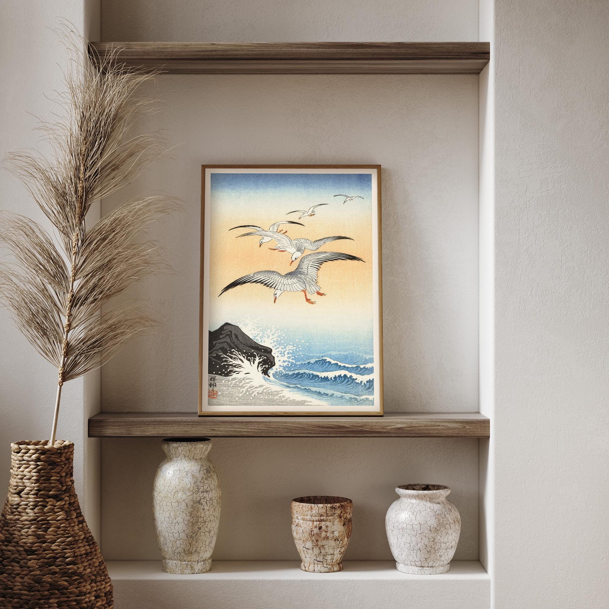 シーグラスアート『 大空へ✩.*˚』他5点 Five Seagulls Above Turbulent Sea Japanese Fine Art Print