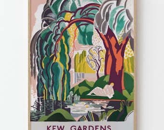 Póster de viaje vintage de los Jardines Botánicos de Kew, Londres. Lámina decorativa retro para pared.