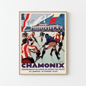 Póster de viaje vintage de Chamonix sobre hockey sobre hielo, Francia, impresión de bellas artes, decoración del hogar, arte de pared retro, regalo