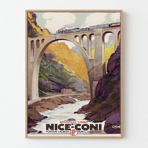 Póster de viaje vintage del ferrocarril de Niza Coni, tren de los Alpes franceses, lámina decorativa retro para pared.
