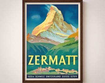 Pode incluir: Um cartaz de viagem vintage emoldurado para Zermatt, Suíça, apresentando um pico de montanha majestoso com um tom dourado contra um céu azul. O cartaz inclui a cidade e o texto "ZERMATT". A montanha tem 1620 m de altura.