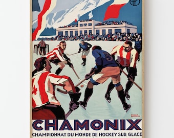 Vintage Chamonix Ice Hockey Poster 1930 Winter Sports Travel Wall Art Print