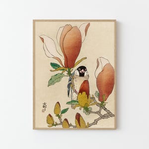Sparrow on Blooming Magnolia Branch Japanese Fine Art Print | Home Decor