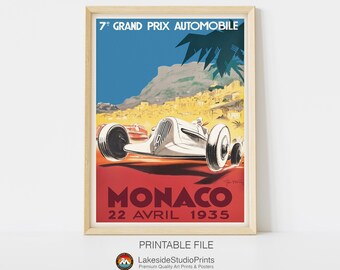 Monaco 1935 Car Race Vintage Travel Poster Instant Download JPG file | Printable Digital Art