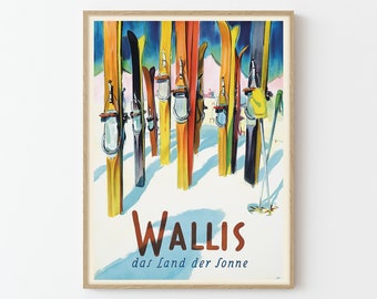Wallis Swiss Vintage Ski Poster Fine Art Print | Home Decor | Wall Art Print
