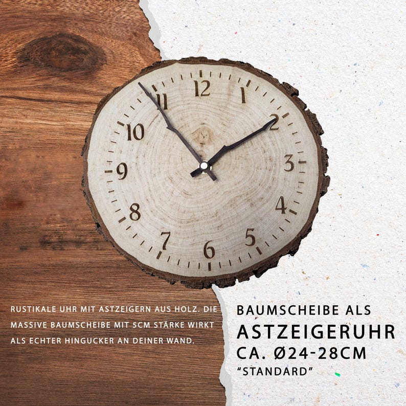 Rustic wooden clock made from a genuine tree slice – knot clock Ø25–28 cm – Handmade wall clock made of natural wood – Unique wooden wall decoration image 7