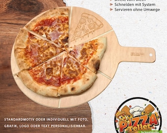Pizzabrett personalisiert mit Gravur | Pizzateller Holz 32cm mit Schneidrillen | Pizzaschieber & Servierbrett | Geschenk für Pizzabäcker