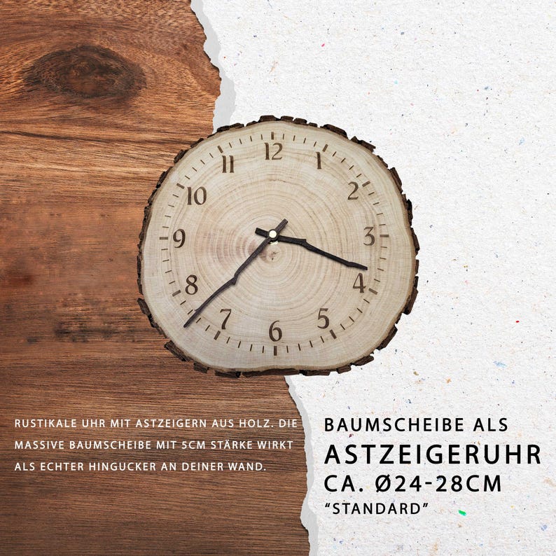 Rustic wooden clock made from a genuine tree slice – knot clock Ø25–28 cm – Handmade wall clock made of natural wood – Unique wooden wall decoration image 8
