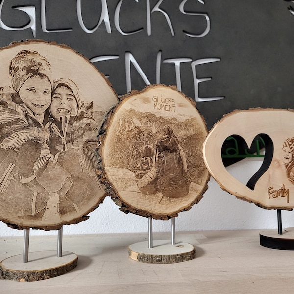 Baumscheibe rund mit Gravur  | Fotogravur | Bild auf Holz | Baumscheibenfoto | Foto auf Holz | Bildgravur