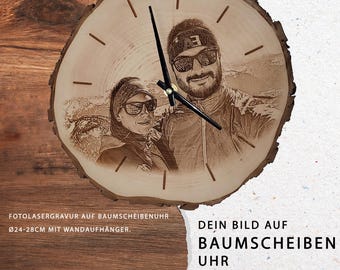 Photo engraving on a wooden disc clock Ø24-28 cm | Photo engraving | Image engraving | Clock | Wall clock | Photo | Gift | Personalized | Photo gift | Picture