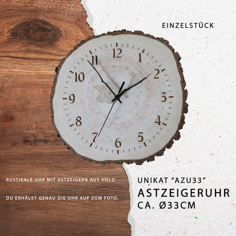 Rustic wooden clock made from a genuine tree slice – knot clock Ø25–28 cm – Handmade wall clock made of natural wood – Unique wooden wall decoration Unikat "AZU33"