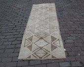 3x8 feet beige brown geometric patterned Turkish Anatolian handmade faded gorgeous runner rug for entry,living room,kitchen gift for her