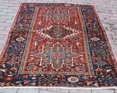 4x6 feet bordered red geometric patterned handmade vintage medium small size hooking anatolian kitchen Living Room Entry Rug Gift for her
