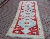 3x11 feet red blue geometric Turkish Anatolian Traditional Handmade Natural hallway stairs Entry Rug for home decorative valentines gift