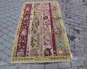 3x5 feet yellow red floral small bordered vintage handmade Turkish hooking antique entry bathroom bedroom rug gift for valentines day