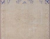 6x9 feet faded beige blue geometric vintage bordered patterned Turkish Anatolian mixed toned handwoven medium living room rug gift for her