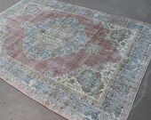 7x10 feet blue red lovely faded Antique Vintage handmade patterned faded Turkish Traditional Area rug for sale