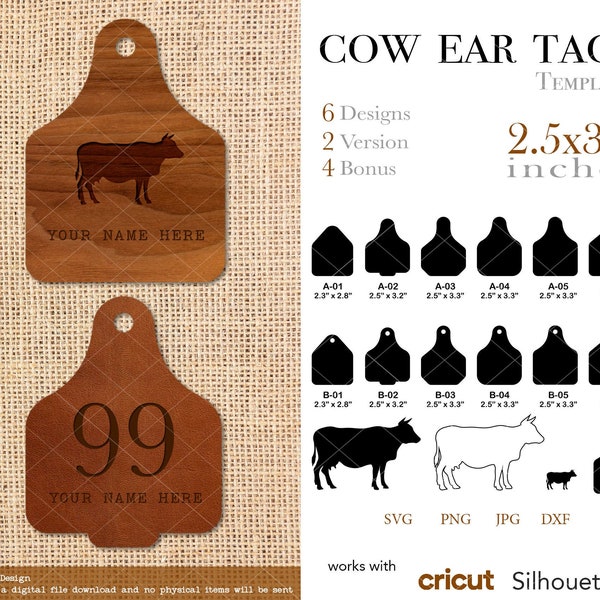 16 Cow Ear Tags template SVG, Cow Ear Tags Keychain, svg png dxf jpg files for Cricut and Silhouette, Instant Download for print