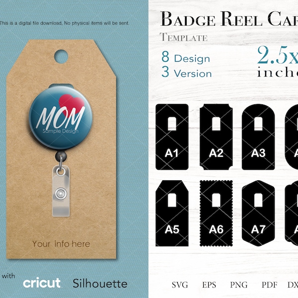8 Badge Reel Display Card 2.5"x5", Badge Reel Packaging, Shapes SVG PNG DXF pdf eps Files for Cricut and Silhouette, Instant Download