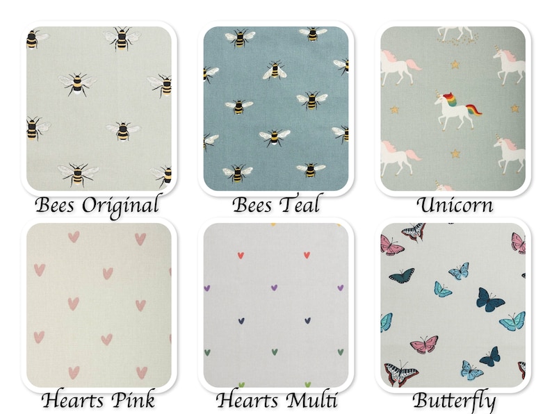 May include: Six fabric swatches with different patterns: bees on a light green background, bees on a teal background, unicorns on a light blue background with gold stars, pink hearts on a light beige background, multi-colored hearts on a light beige background, and butterflies on a light blue background.