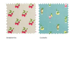 May include: Two fabric swatches with different patterns. The first swatch is a light beige fabric with a repeating pattern of red strawberries. The second swatch is a light blue fabric with a repeating pattern of green cocktails. The text "Strawberries" is below the first swatch and the text "Cocktails" is below the second swatch.