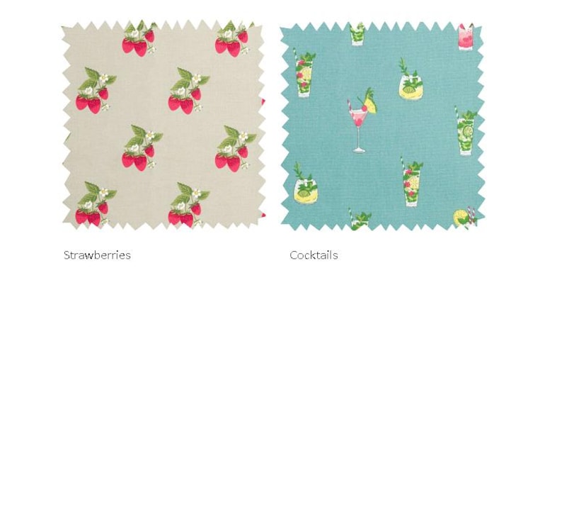 May include: Two fabric swatches with different patterns. The first swatch is a light beige fabric with a repeating pattern of red strawberries. The second swatch is a light blue fabric with a repeating pattern of green cocktails. The text "Strawberries" is below the first swatch and the text "Cocktails" is below the second swatch.