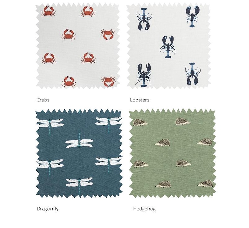 May include: Four fabric swatches with different patterns. The top left swatch features a white background with red crabs. The top right swatch features a white background with blue lobsters. The bottom left swatch features a teal blue background with white dragonflies. The bottom right swatch features a green background with brown hedgehogs.