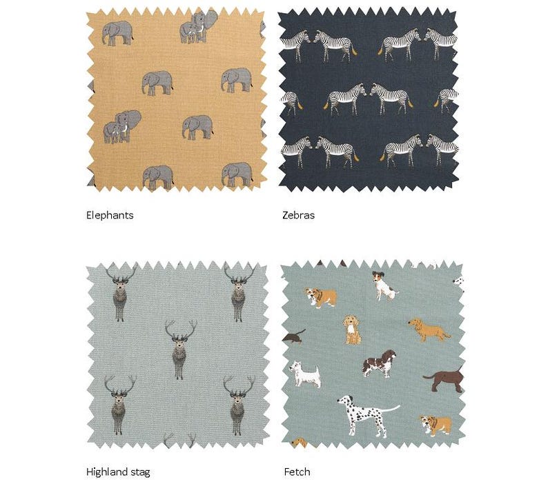 May include: Four fabric swatches with different animal prints. The first swatch is a light brown fabric with a repeating pattern of gray elephants. The second swatch is a dark blue fabric with a repeating pattern of black and white zebras. The third swatch is a light blue fabric with a repeating pattern of brown stag. The fourth swatch is a light blue fabric with a repeating pattern of brown and white dogs.