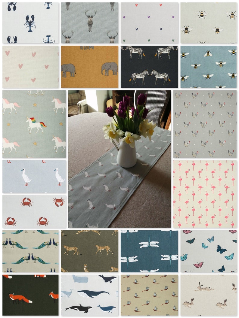 May include: A collage of fabric swatches featuring various animal and nature-themed patterns. The swatches include designs with lobsters, deer, hearts, bees, elephants, zebras, unicorns, ducks, flamingos, peacocks, cheetahs, dragonflies, butterflies, foxes, whales, birds, and rabbits. The swatches are arranged in a grid pattern and are displayed on a table with a floral centerpiece.