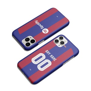 May include: Two blue and red striped phone cases. One case has the Spotify logo and the other has the number "00" and the text "ANY NAME" in white. The cases are designed to fit a smartphone.