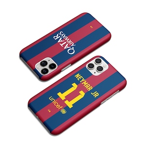 May include: Two phone cases with a blue and maroon striped design. One case features the text "QATAR AIRWAYS" in white. The other case displays "NEYMAR JR 11" in yellow, with the UNICEF logo.