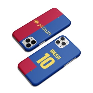 May include: Two phone cases with a blue and red color scheme. One case features the text "unicef" and a logo. The other case displays the name "messi" and the number "10" in yellow. The cases are designed for a smartphone.