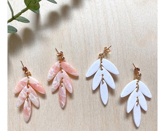 CLAY EARRINGS | Botanical leaf | Boho Earrings | Speckled White/Peach | Handmade | Lightweight | Statement Earrings | Hypoallergenic