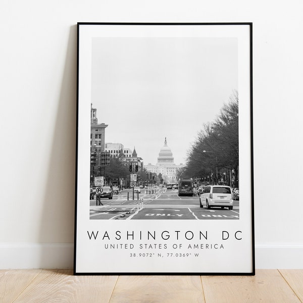 Stampa di viaggio WASHINGTON DC USA / Stampa per gli amanti dei viaggi / arte in bianco e nero / Stampa delle coordinate