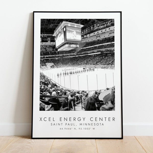 XCEL ENERGY CENTER Minnesota Wildes | Druck für Eishockey Liebhaber | schwarz weiß Kunst | Koordinaten Print