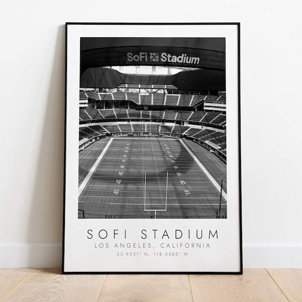 SOFI STADION Los Angeles Rams | Afdrukken voor voetballiefhebbers | zwart-witte kunst | Coördinaten afdrukken