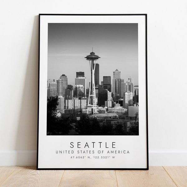 SEATTLE USA Travel Print | Print for Travel Lovers | black and white art | Coordinates Print